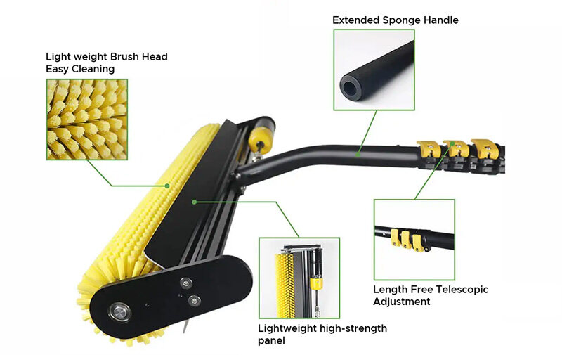 Telescopic solar panel cleaning brush